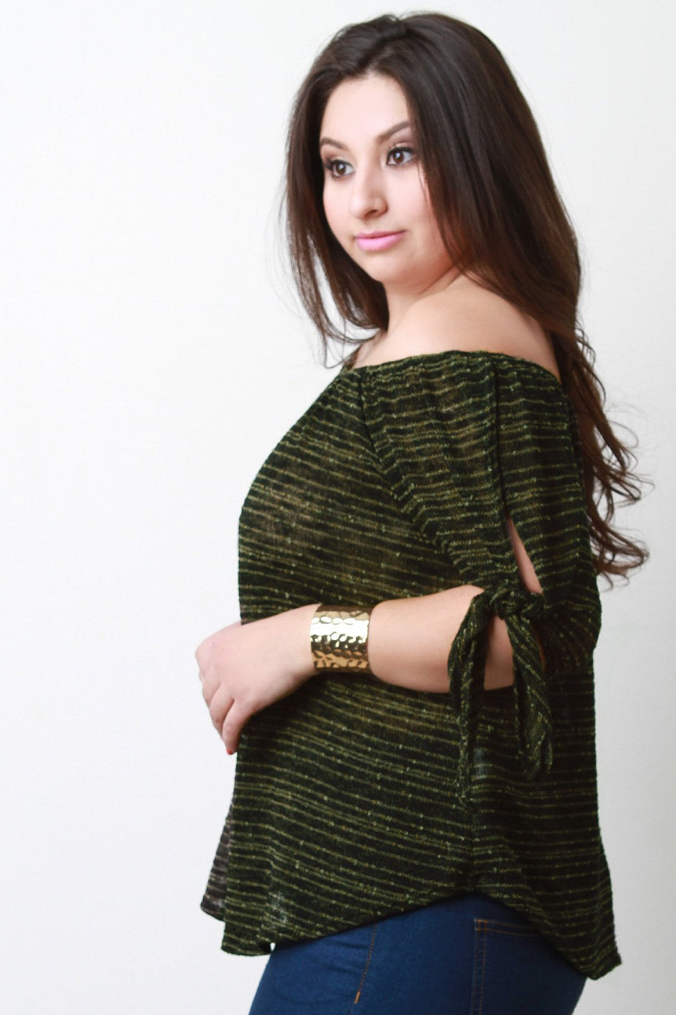 Off The Shoulder Knitted Tie Sleeve Top