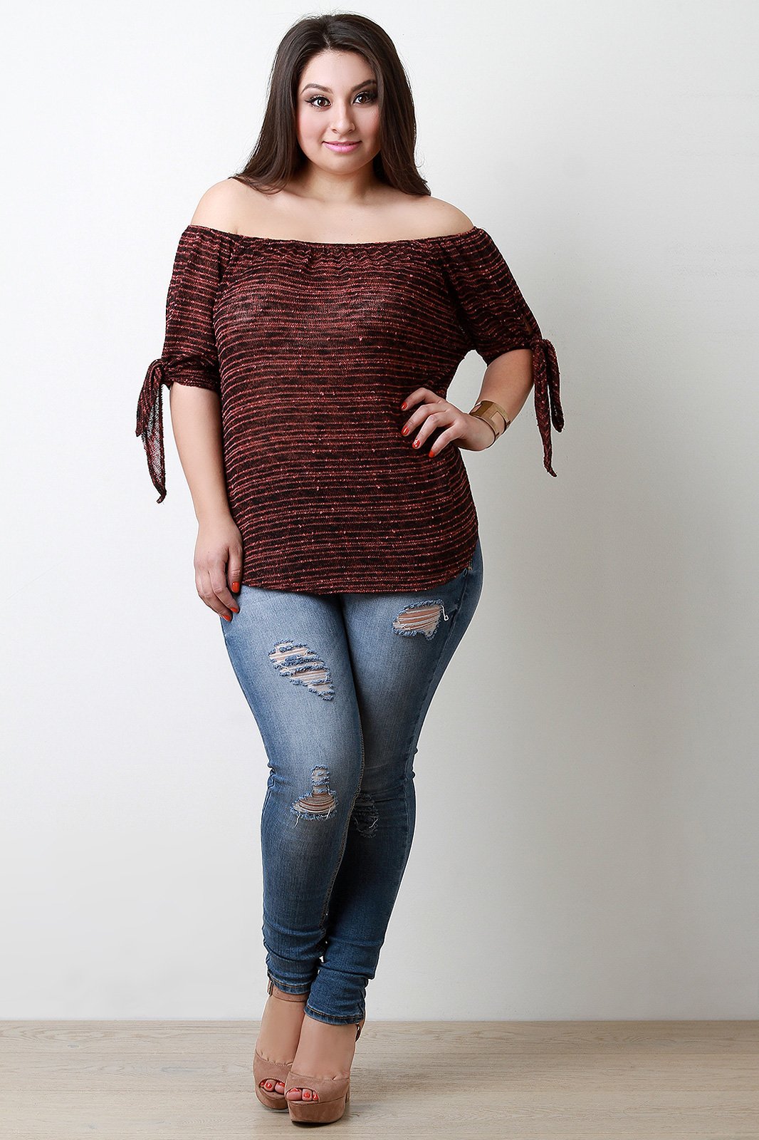 Off The Shoulder Knitted Tie Sleeve Top