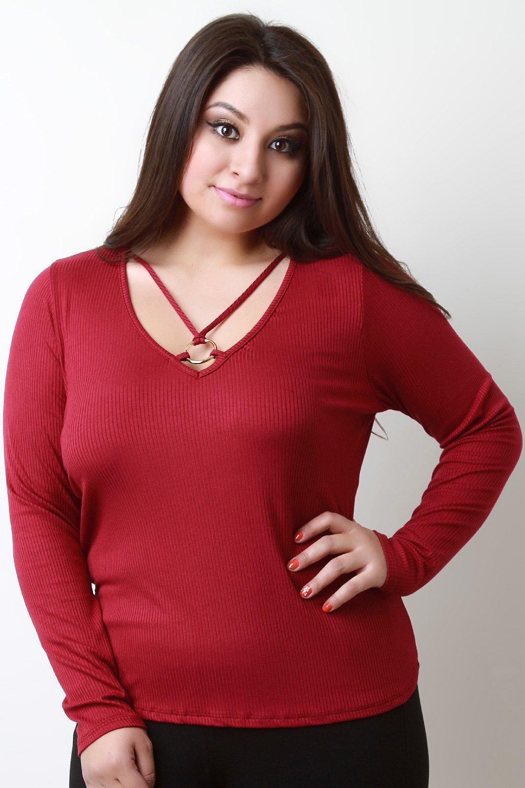 Rib Knit V Neck Strappy Ring Top