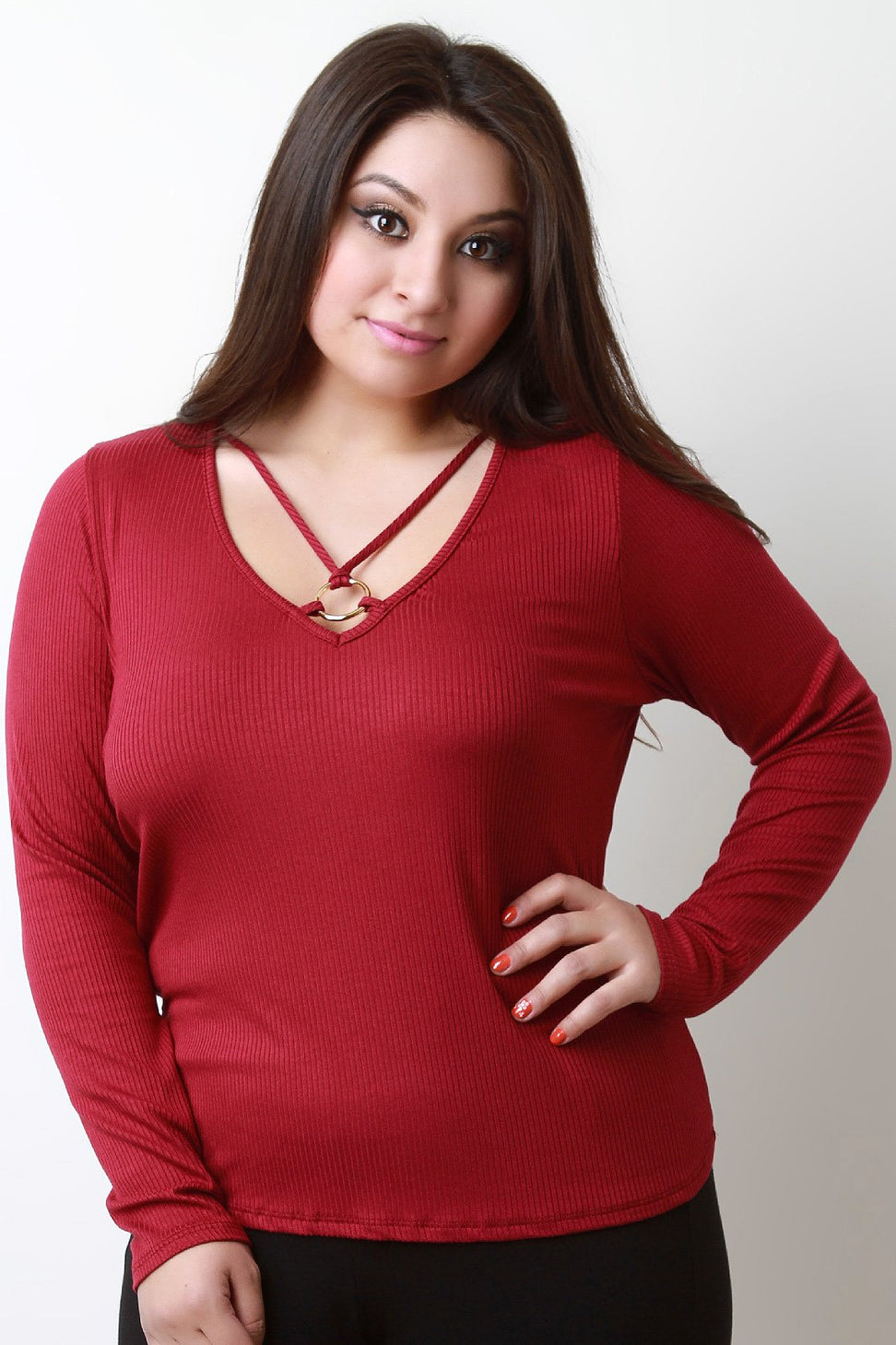 Rib Knit V Neck Strappy Ring Top