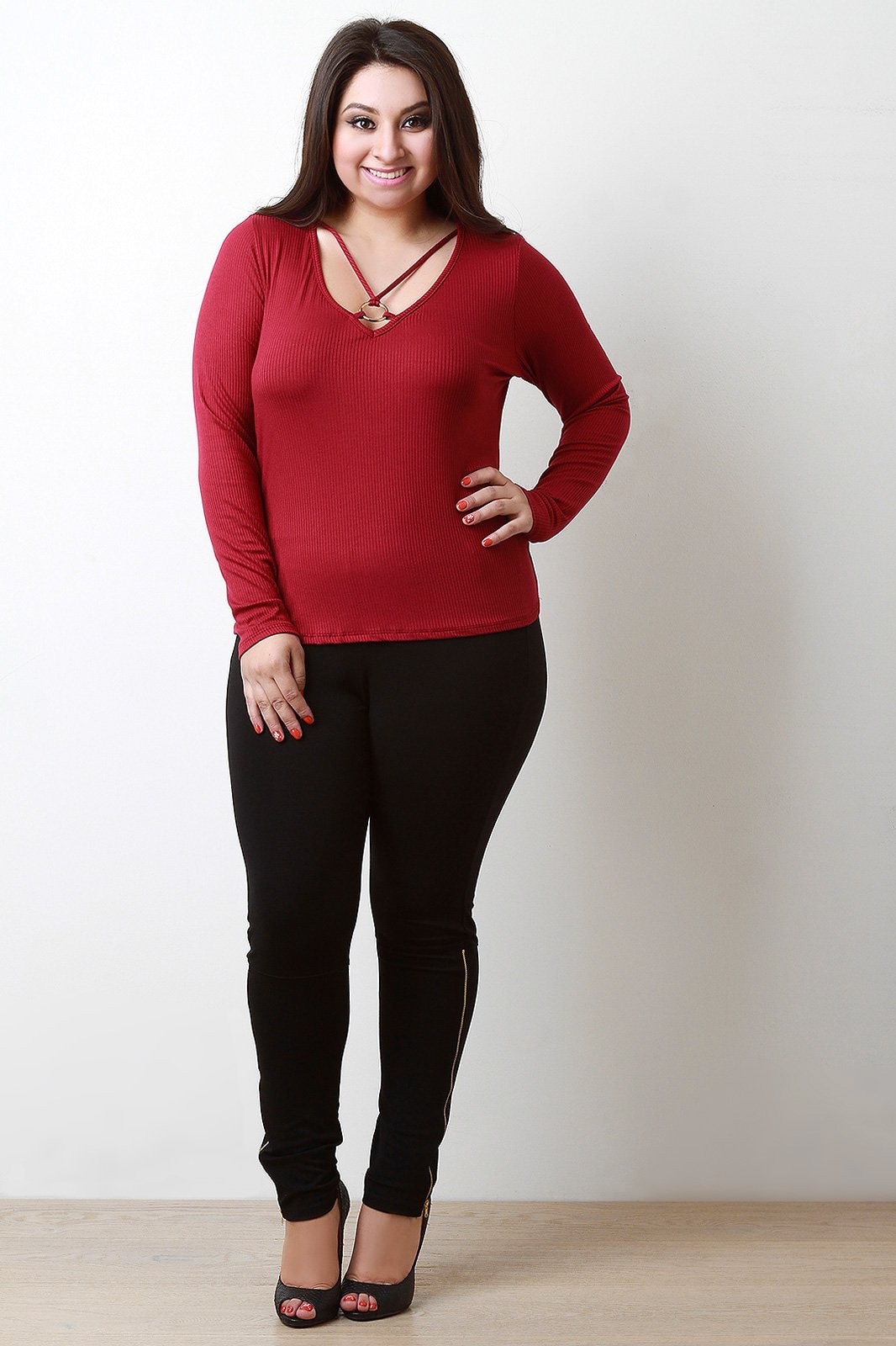 Rib Knit V Neck Strappy Ring Top