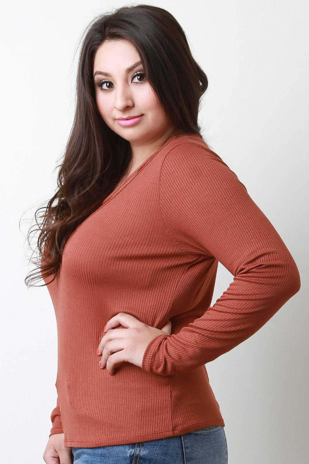 Rib Knit V Neck Strappy Ring Top