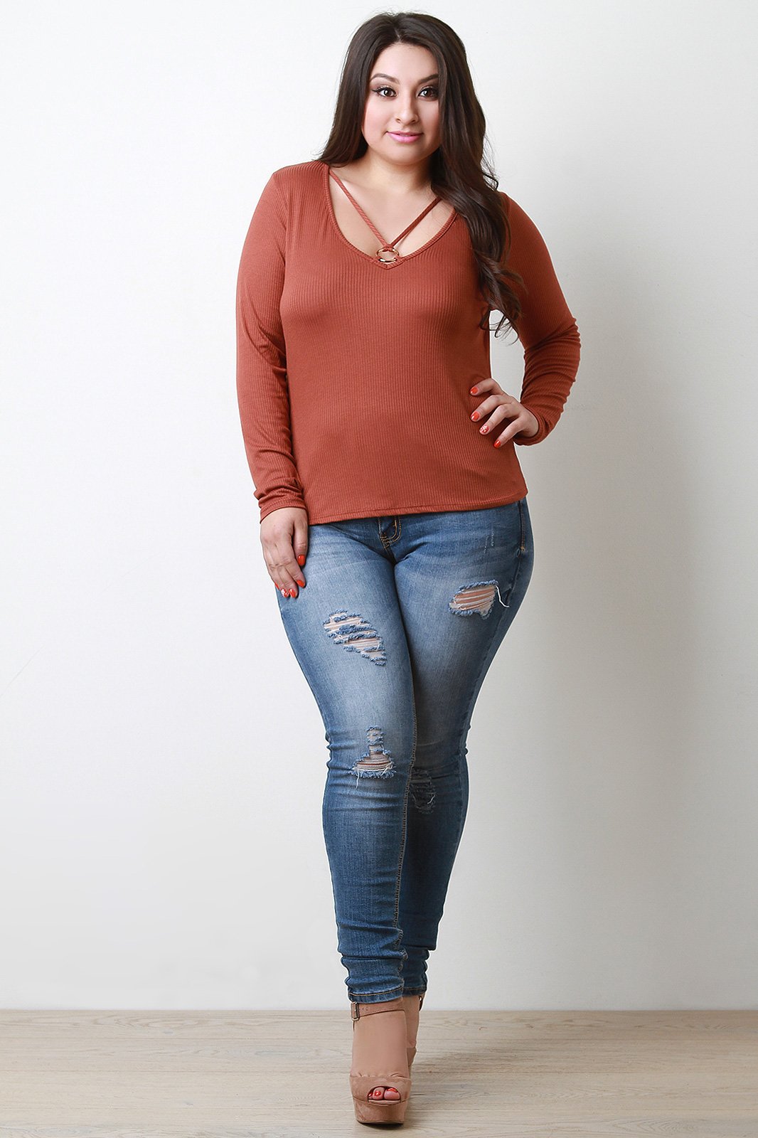 Rib Knit V Neck Strappy Ring Top