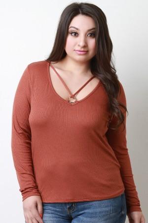 Rib Knit V Neck Strappy Ring Top