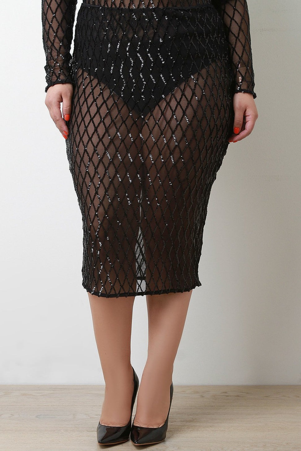Semi Sheer Mesh Diamond Pattern Sequin Midi Skirt