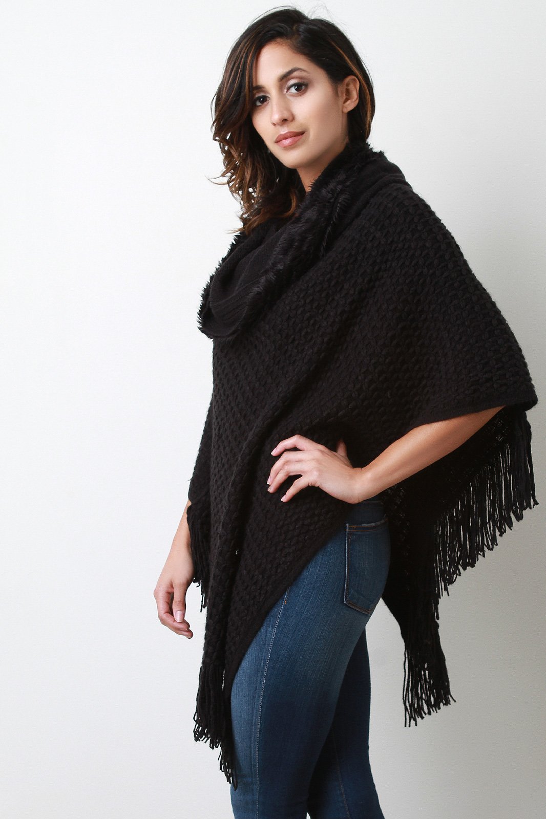 Textured Knit Cowl Neck Poncho