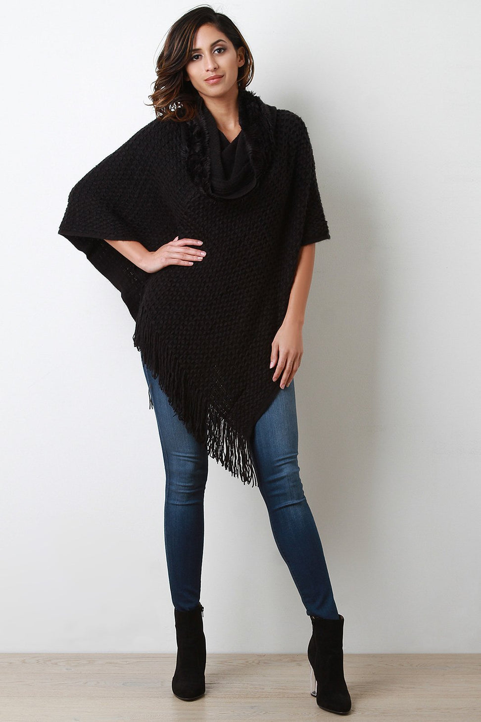 Textured Knit Cowl Neck Poncho