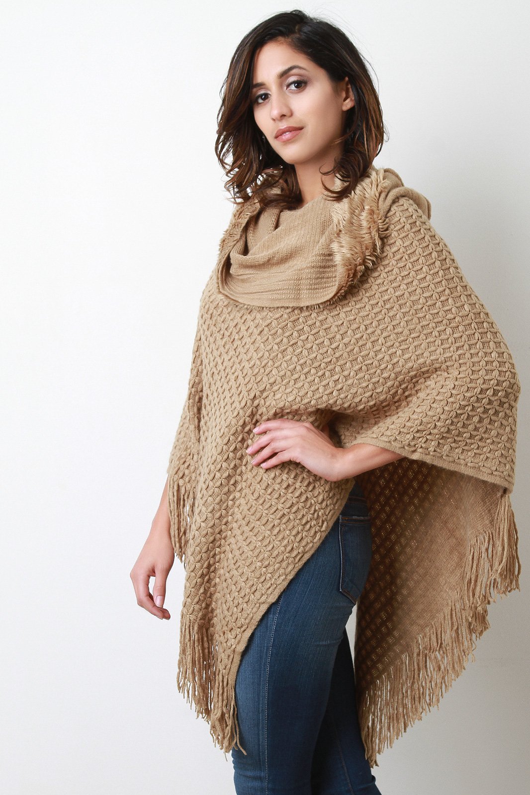Textured Knit Cowl Neck Poncho