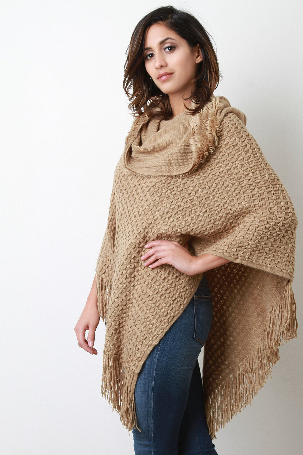 Textured Knit Cowl Neck Poncho