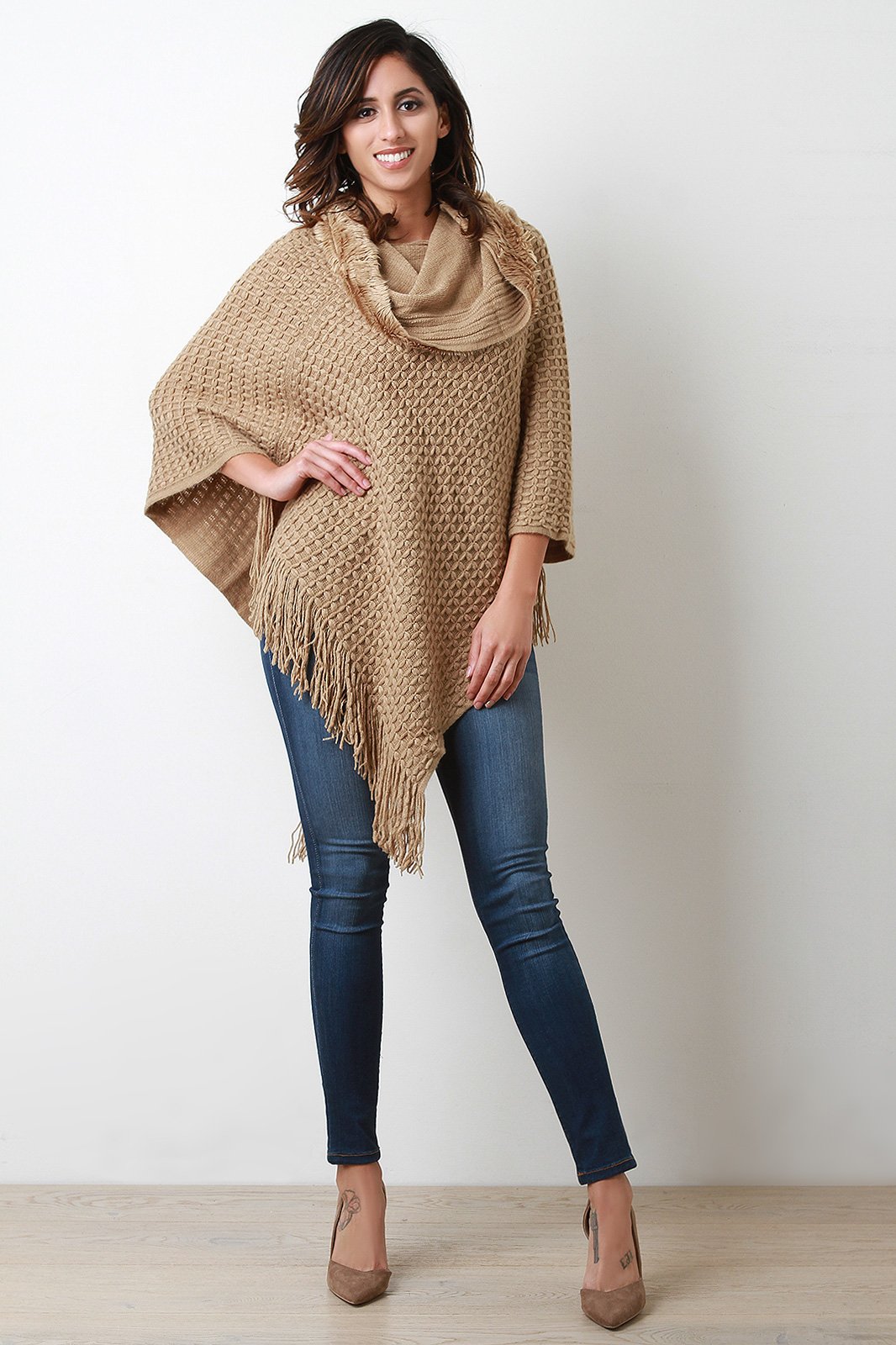 Textured Knit Cowl Neck Poncho