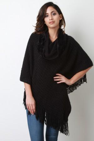 Textured Knit Cowl Neck Poncho