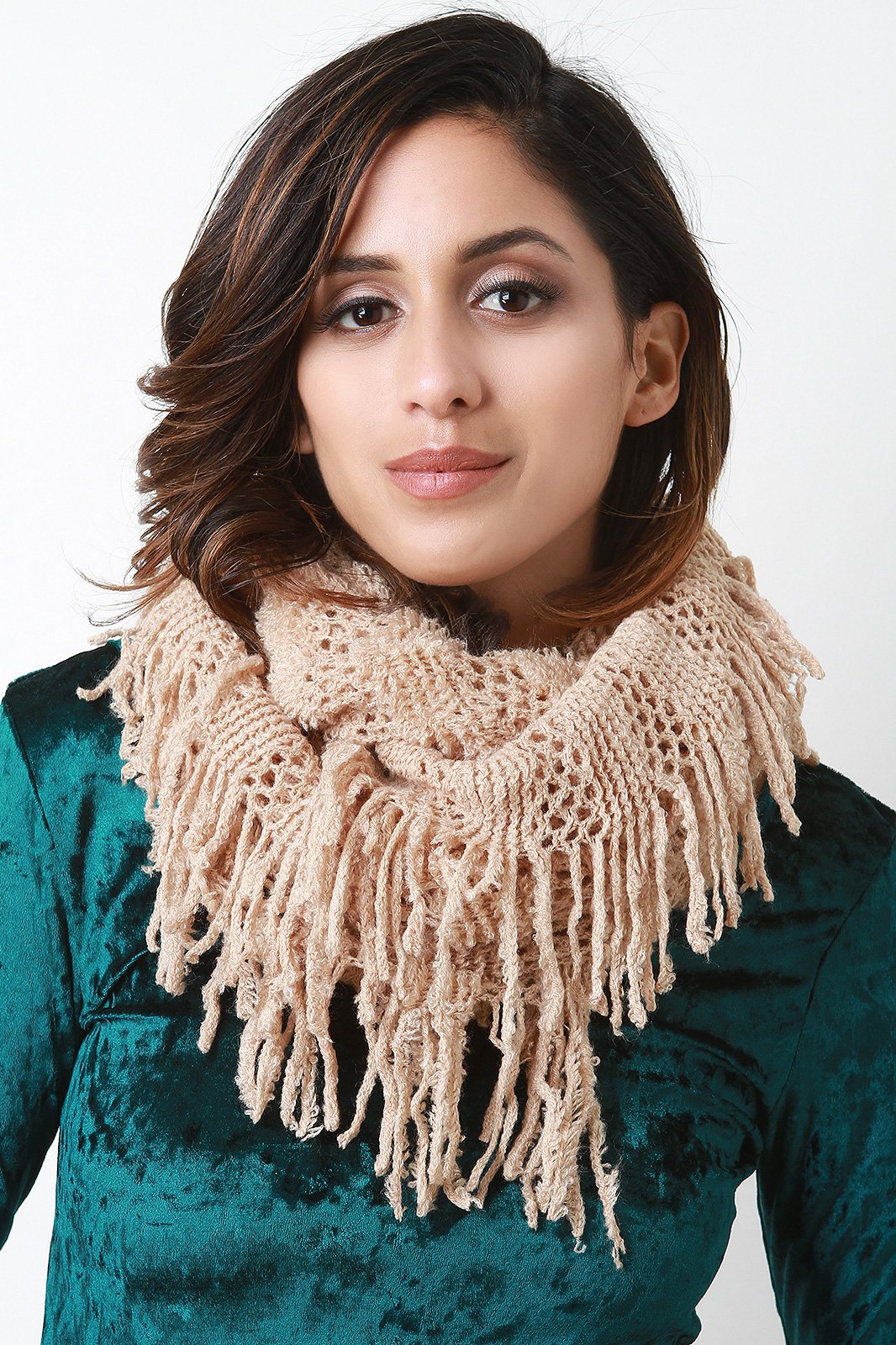 Fuzzy Stripe Knit Fringe Circle Scarf - NoveltyOne