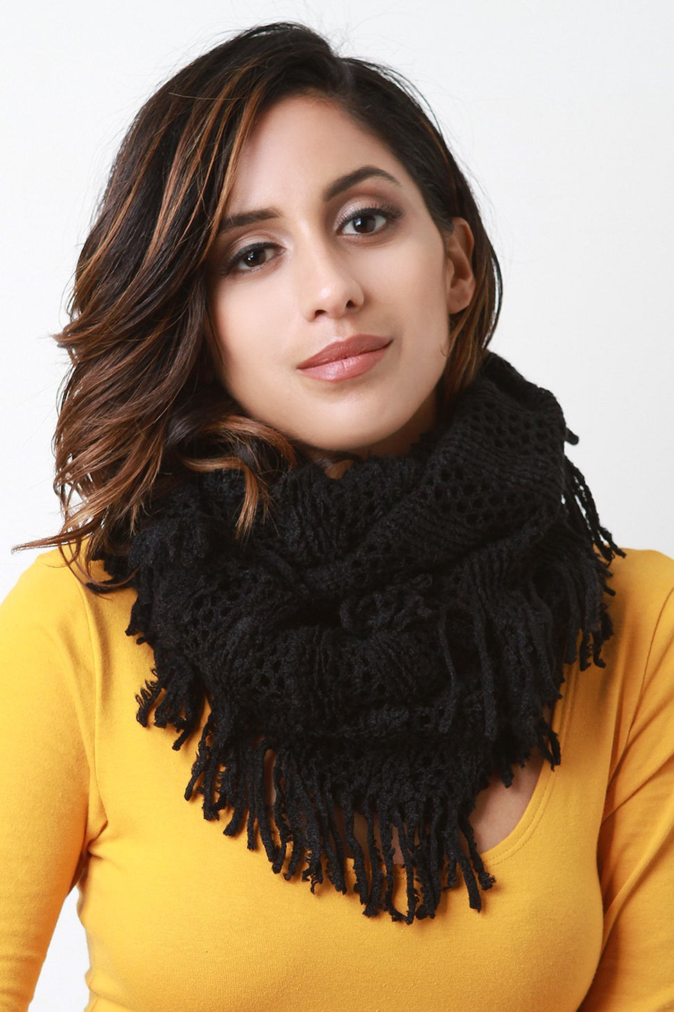 Fuzzy Stripe Knit Fringe Circle Scarf - NoveltyOne