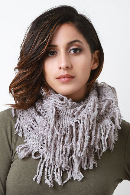 Fuzzy Stripe Knit Fringe Circle Scarf - NoveltyOne