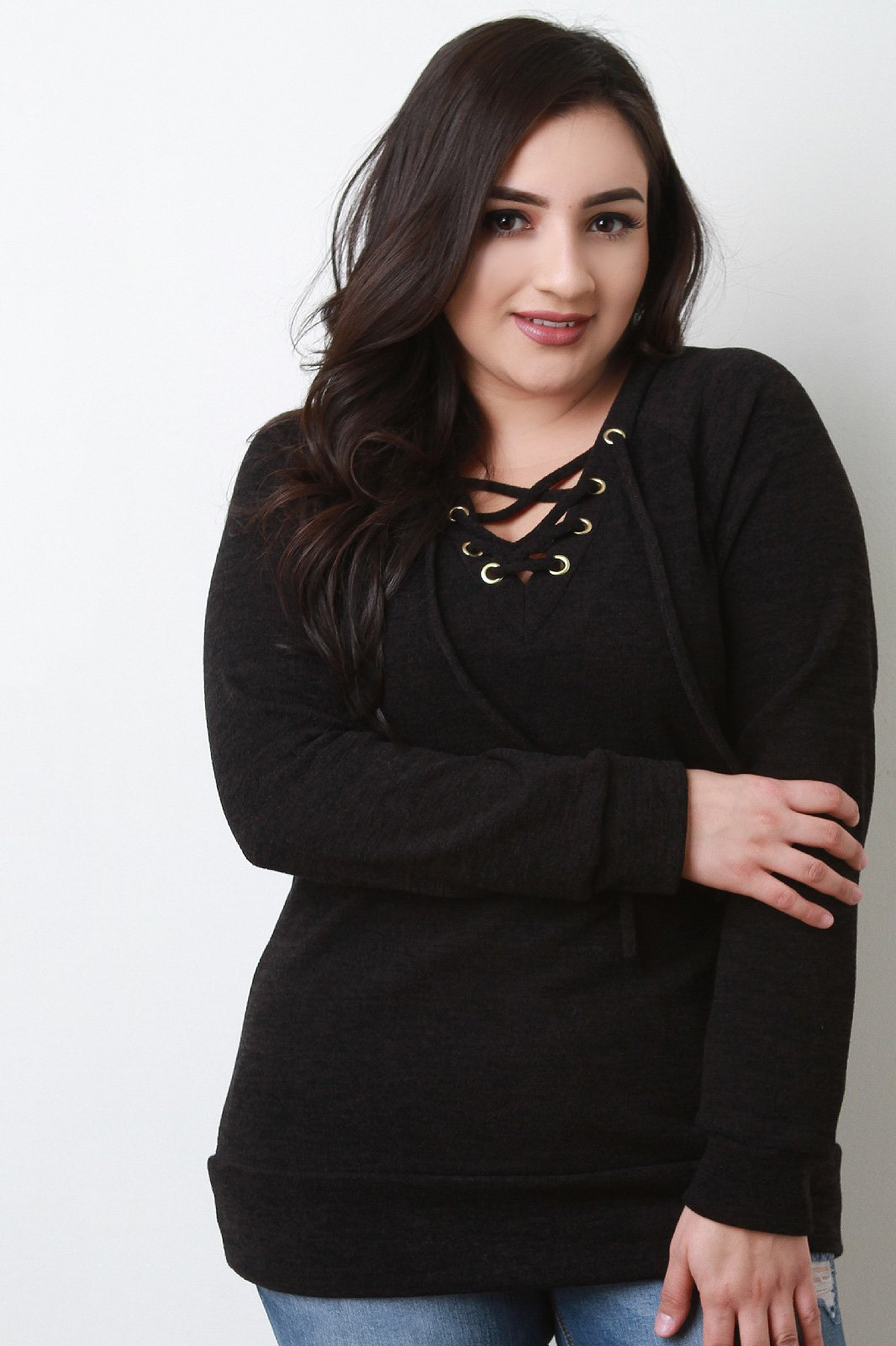 Grommets Lace Up Long Sleeves Top