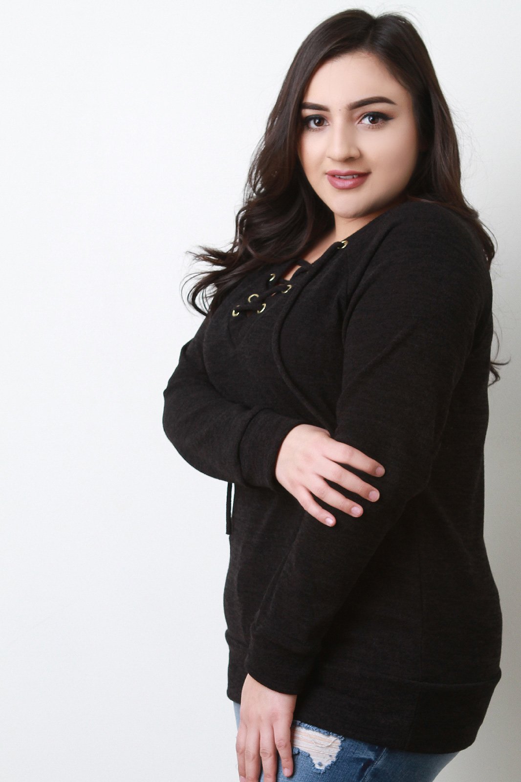 Grommets Lace Up Long Sleeves Top