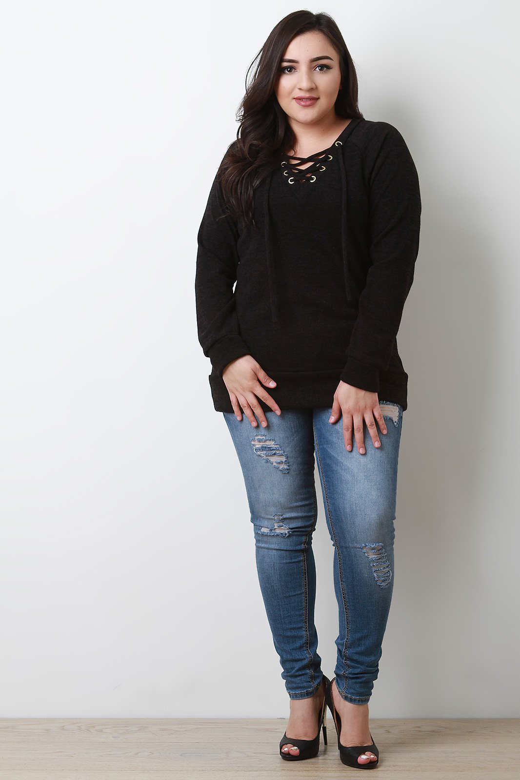 Grommets Lace Up Long Sleeves Top