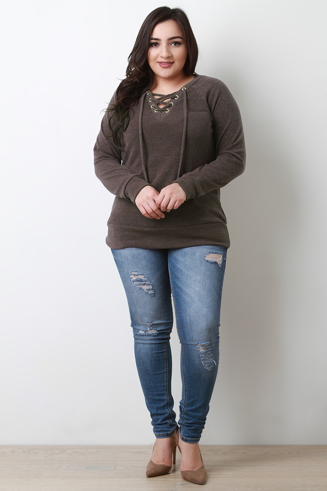 Grommets Lace Up Long Sleeves Top