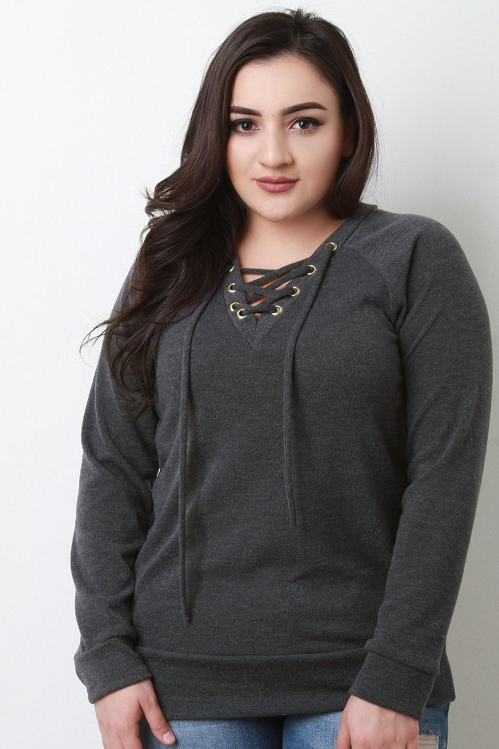 Grommets Lace Up Long Sleeves Top