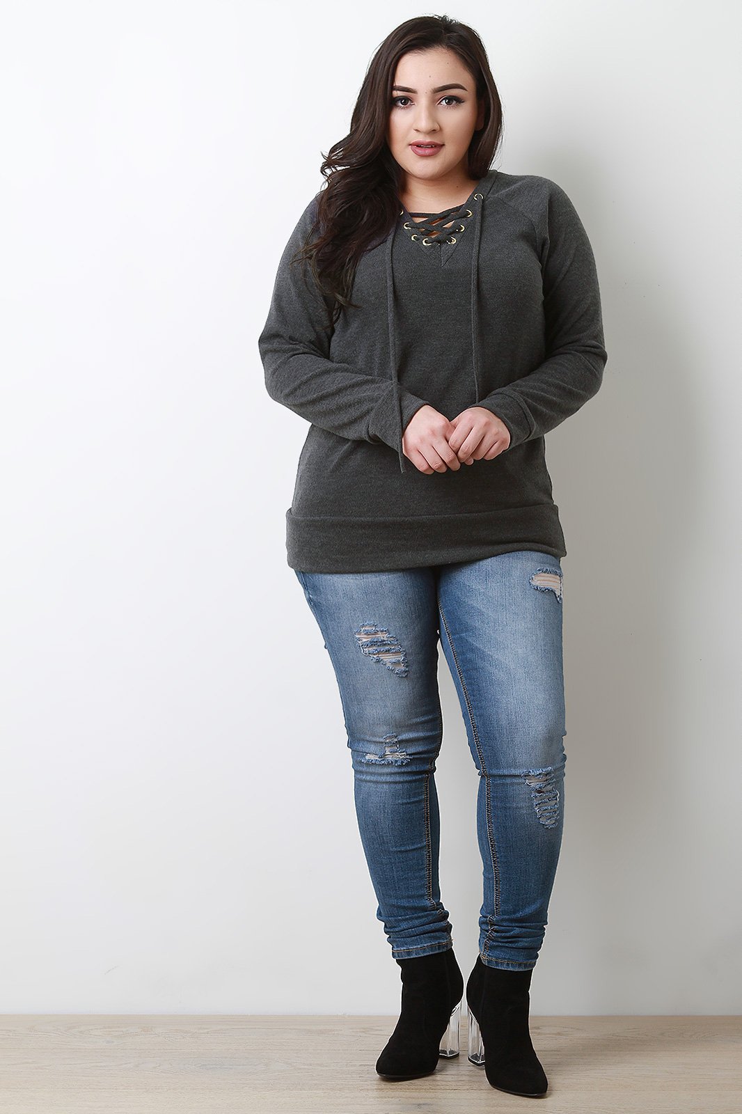 Grommets Lace Up Long Sleeves Top