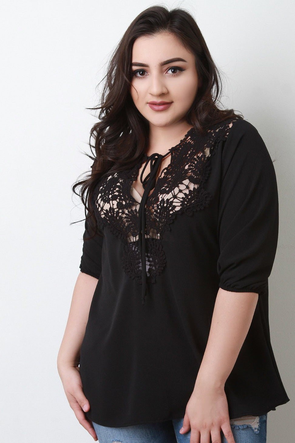 Crochet Lace Yoke Elbow Sleeves Peasant Top