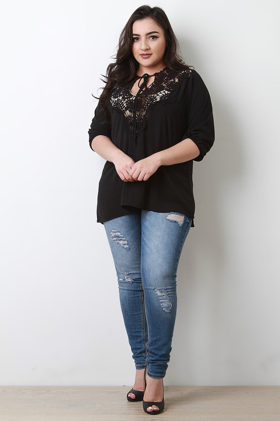 Crochet Lace Yoke Elbow Sleeves Peasant Top