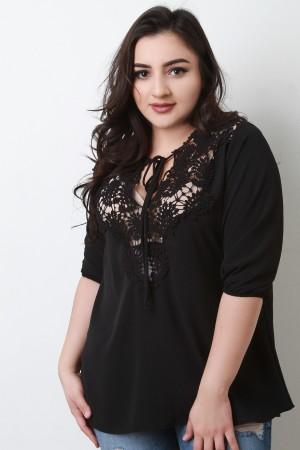 Crochet Lace Yoke Elbow Sleeves Peasant Top