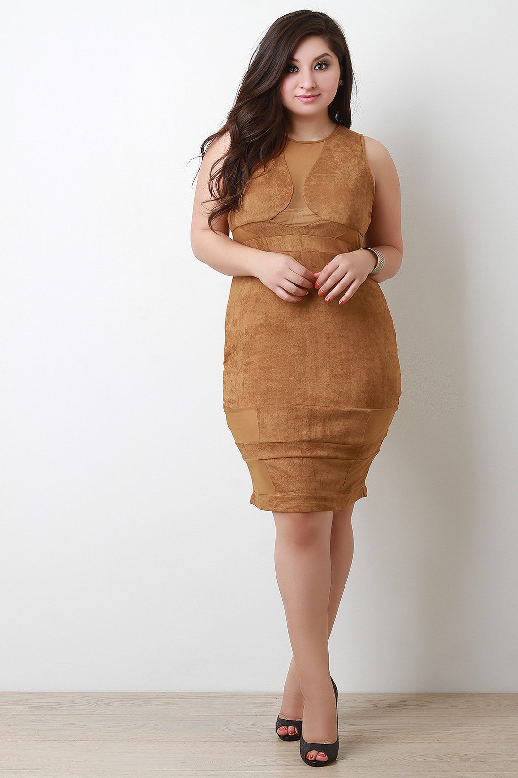 Vegan Suede Mesh Inset Sleeveless Bodycon Dress