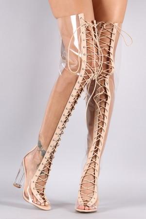 Clear Lace Up Chunky Heeled Over-The-Knee Boots