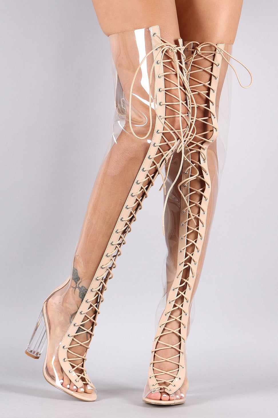 Clear Lace Up Chunky Heeled Over-The-Knee Boots