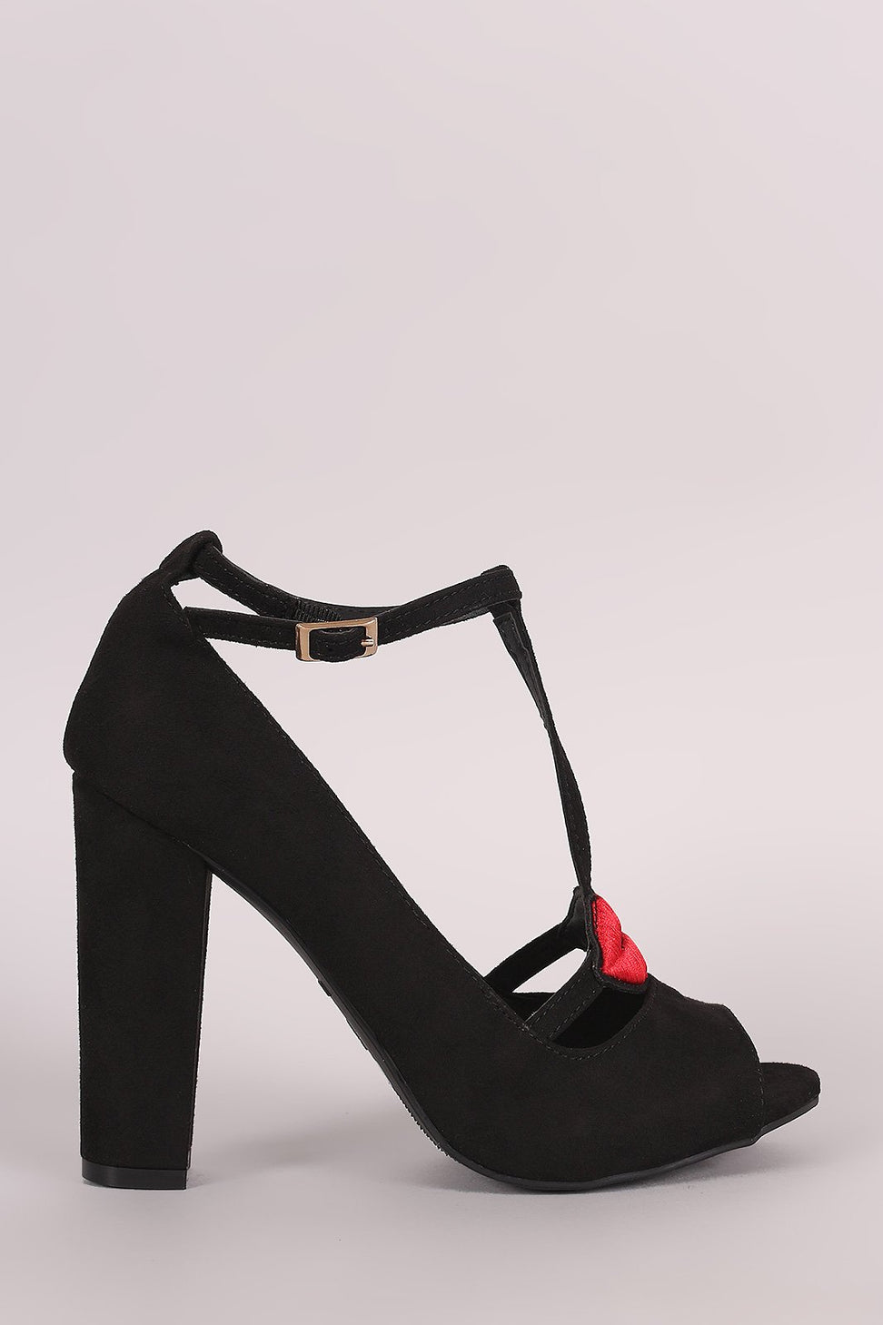 Bamboo Embroidered Lip Patch T-Strap Pump