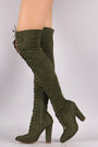 Suede Lace Up Almond Toe Chunky Heeled Over-The-Knee Boots