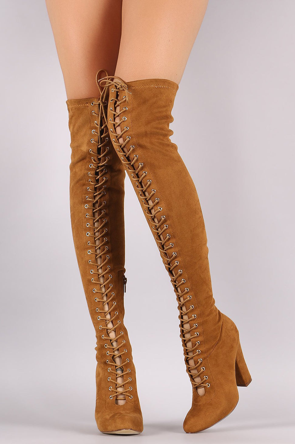 Suede Lace Up Almond Toe Chunky Heeled Over-The-Knee Boots