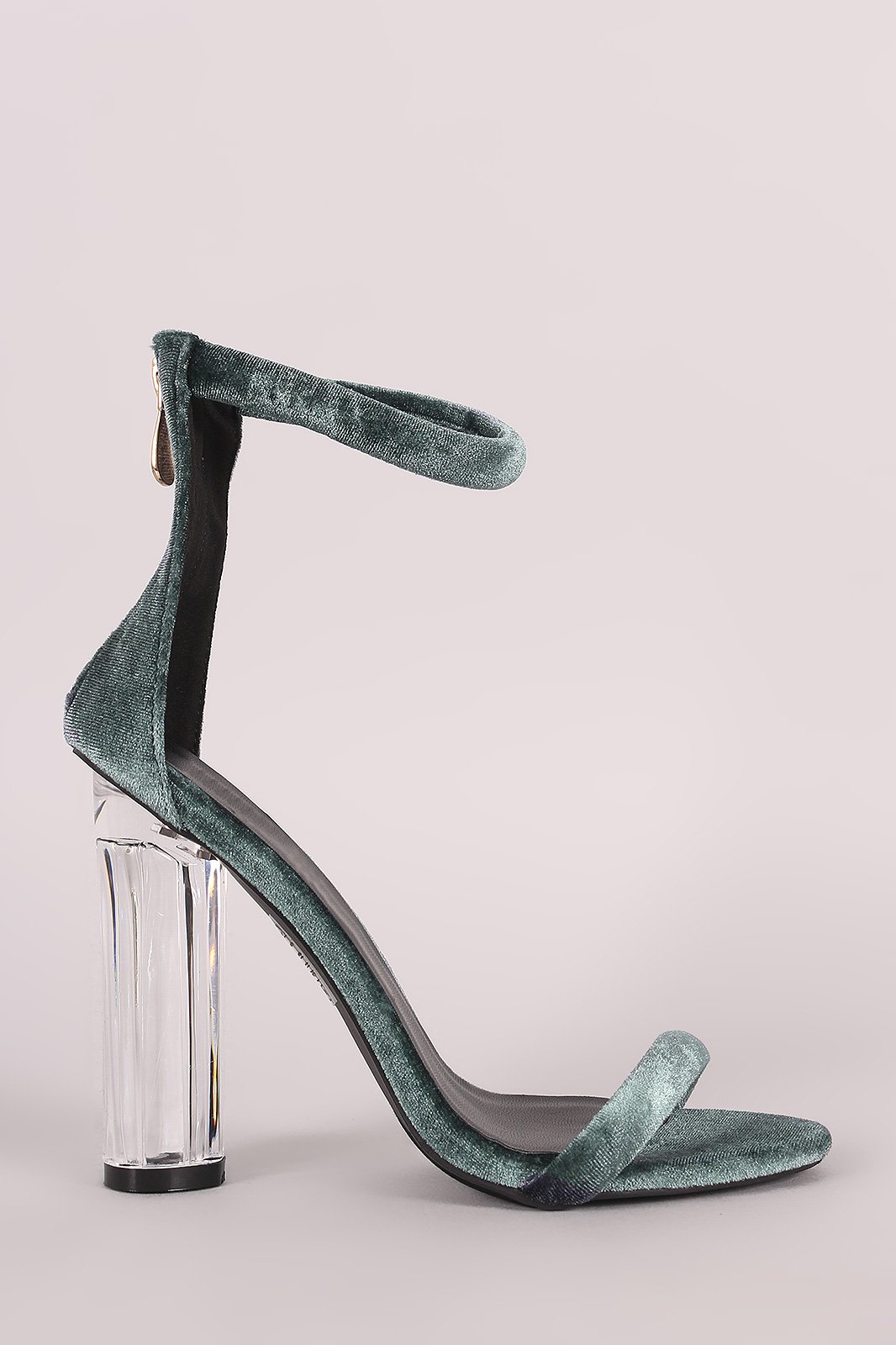 Velvet Ankle Strap Rounded Clear Heel