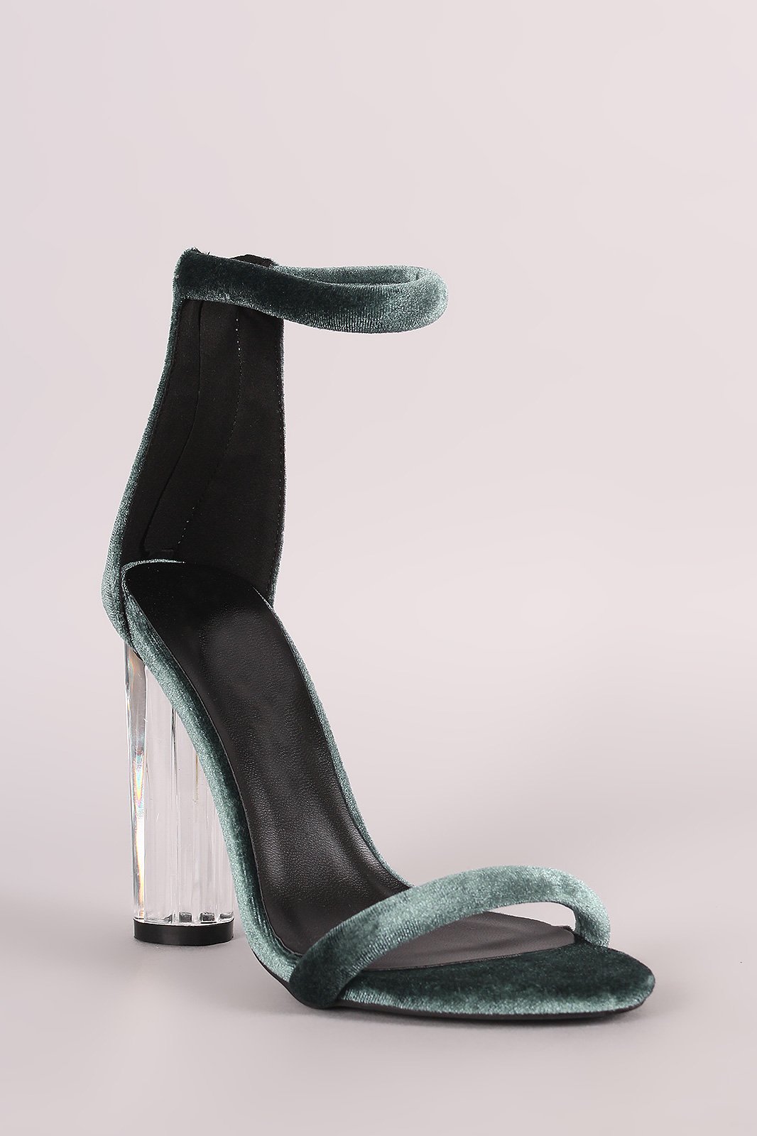 Velvet Ankle Strap Rounded Clear Heel