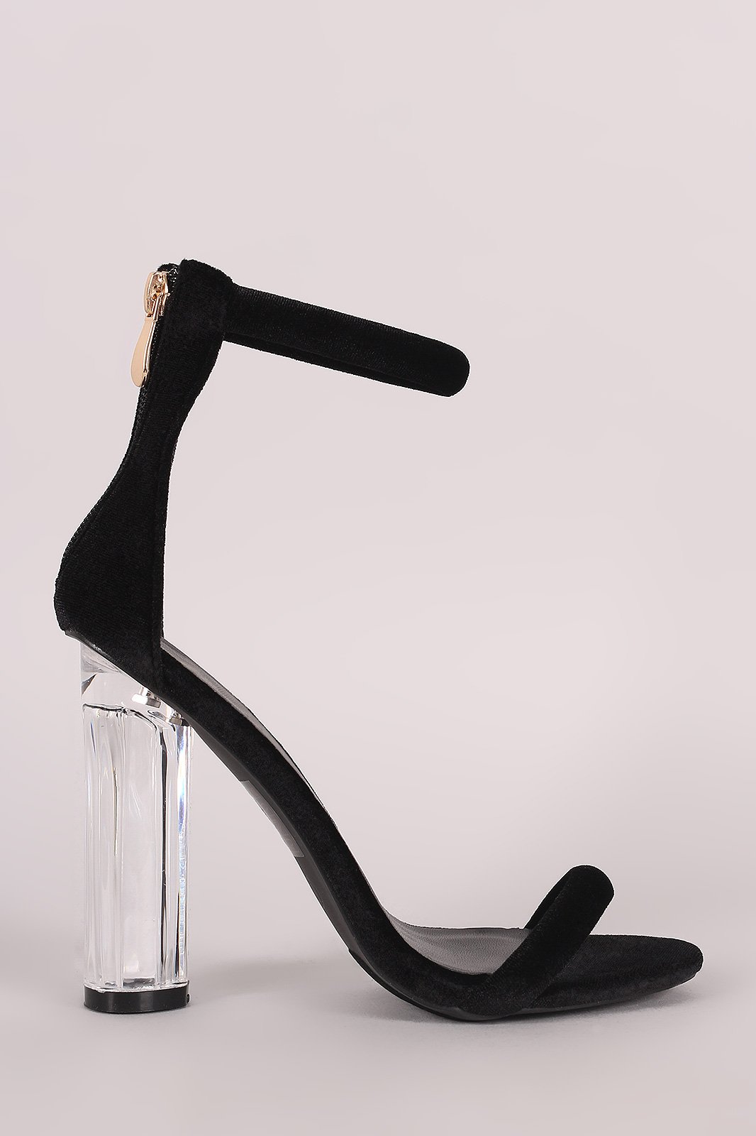 Velvet Ankle Strap Rounded Clear Heel