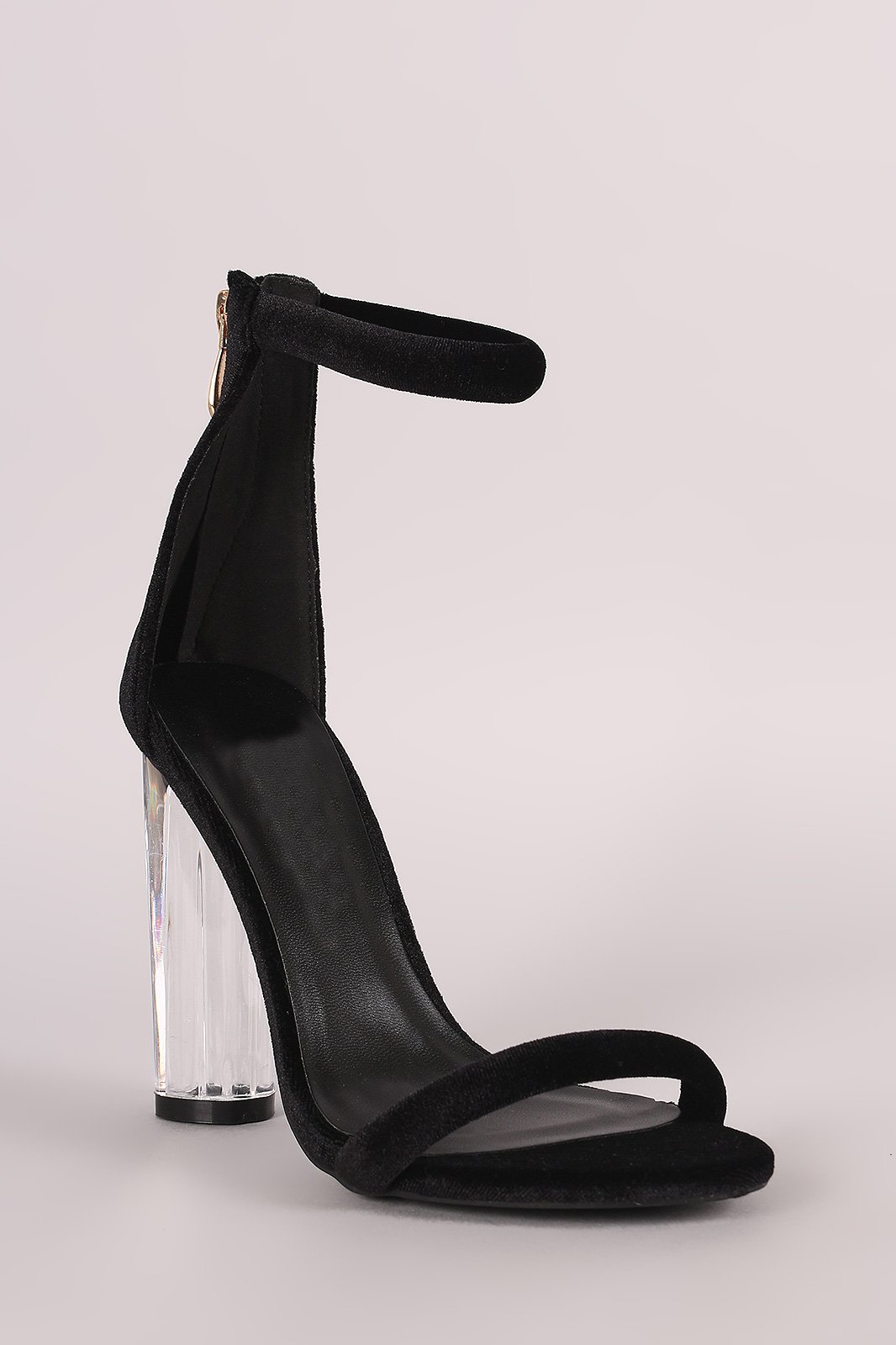 Velvet Ankle Strap Rounded Clear Heel