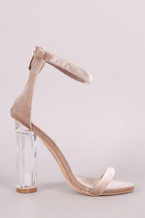 Velvet Ankle Strap Rounded Clear Heel