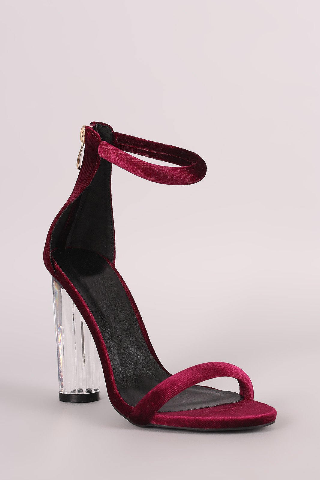 Velvet Ankle Strap Rounded Clear Heel