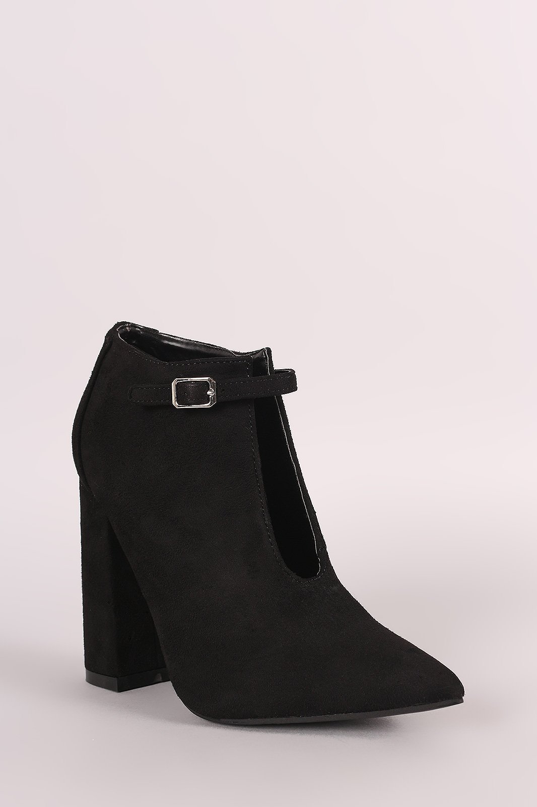 Suede Front Cutout Buckle Chunky Heel Bootie