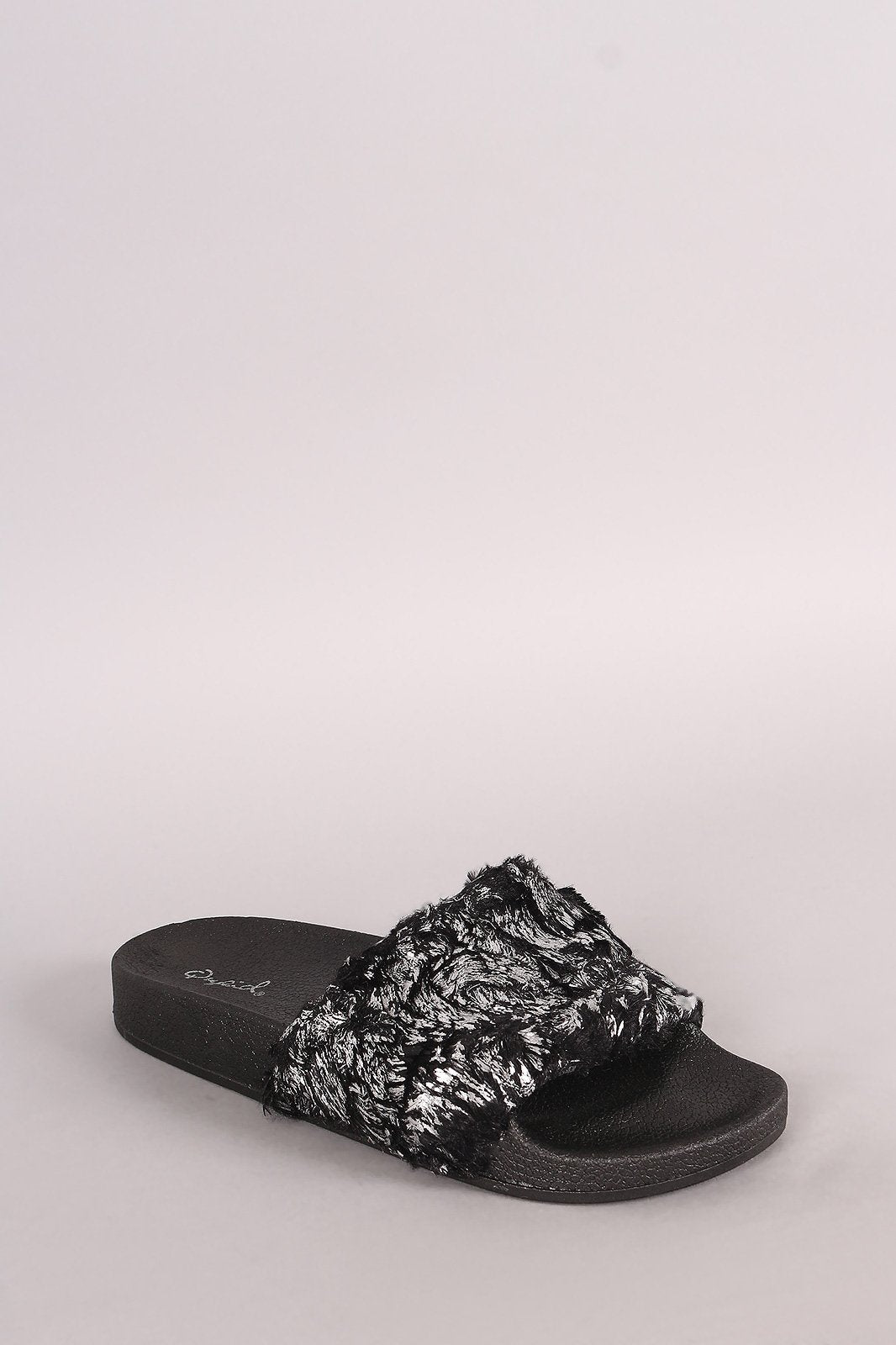 Qupid Metallic Faux Fur Slide Sandal