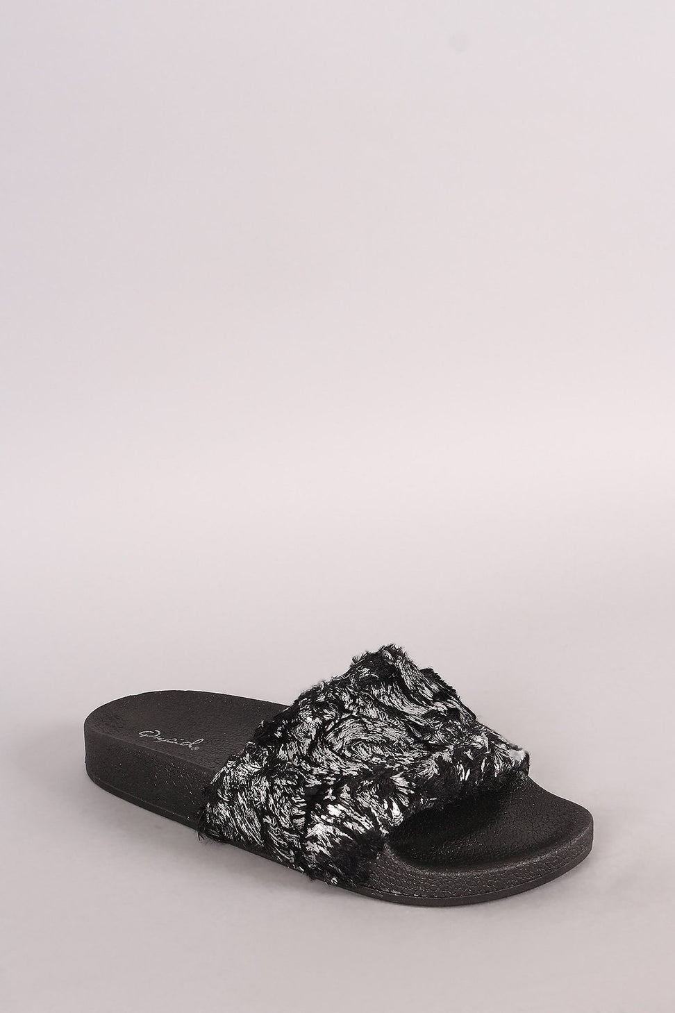 Qupid Metallic Faux Fur Slide Sandal