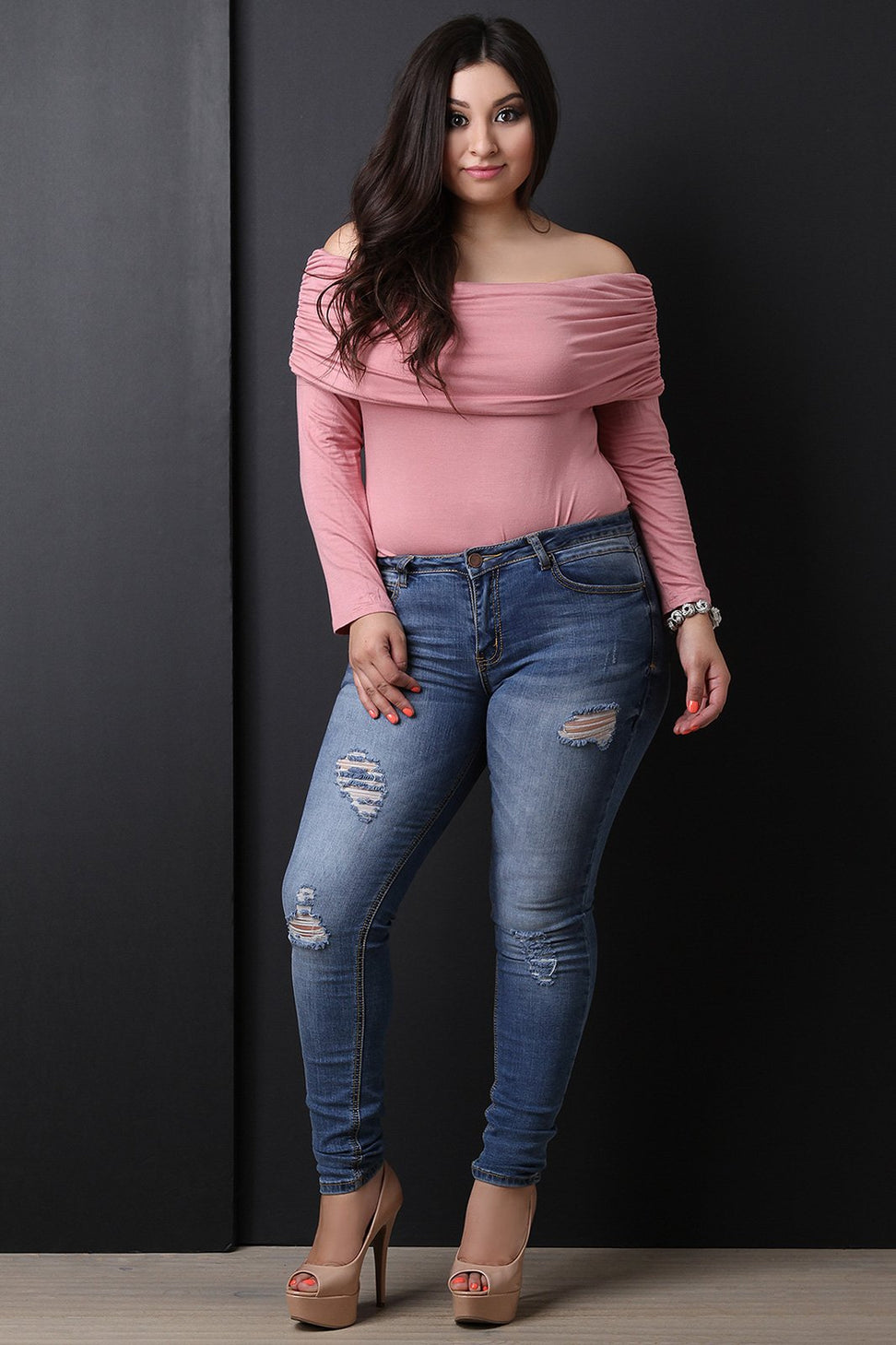 Long Sleeve Off The Shoulder Ruched Bodysuit - NoveltyOne