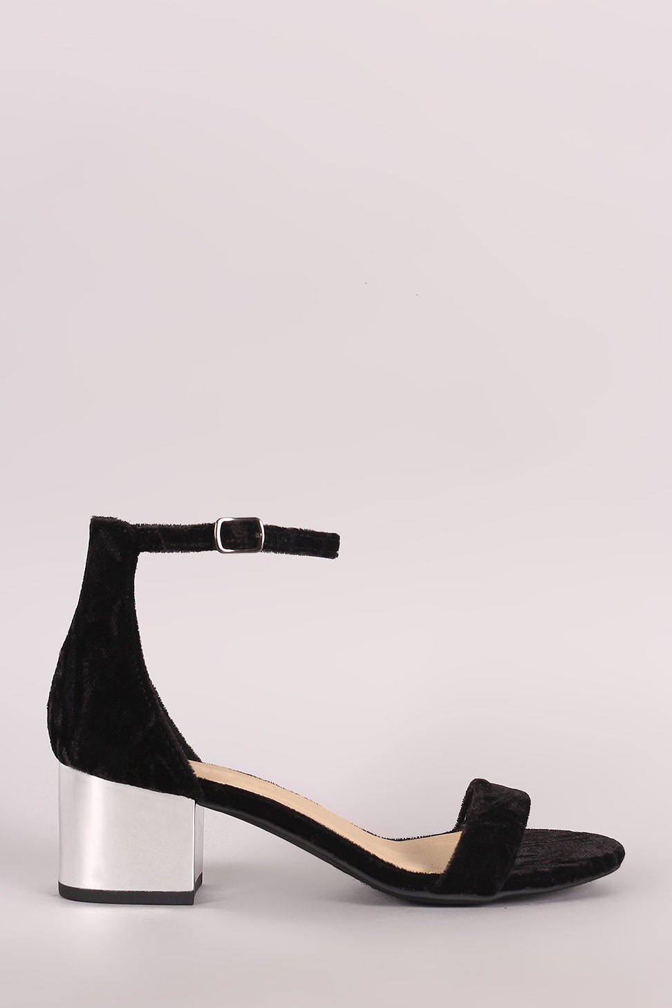 City Classified Crushed Velvet Ankle Strap Metallic Block Heel