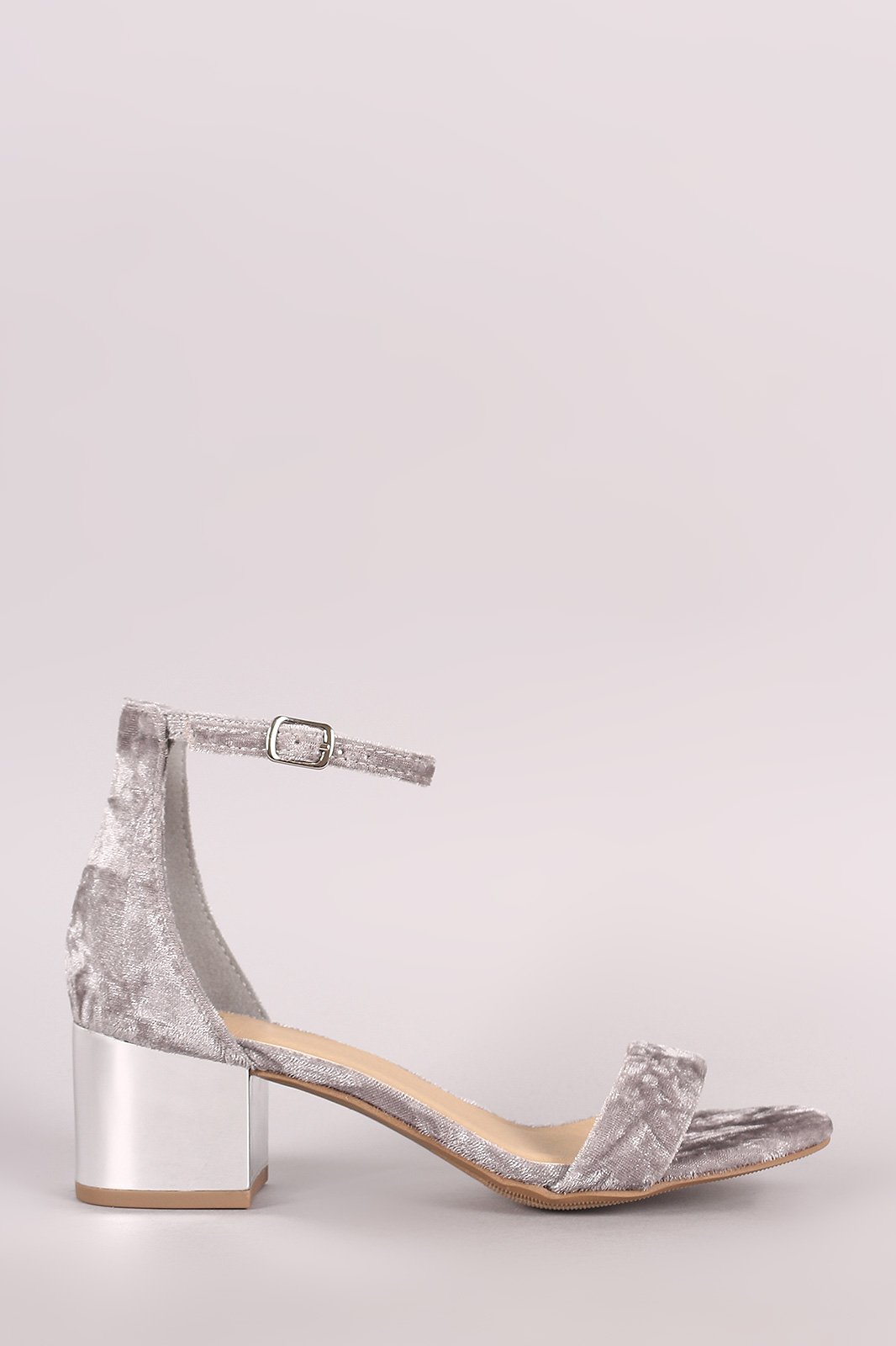 City Classified Crushed Velvet Ankle Strap Metallic Block Heel