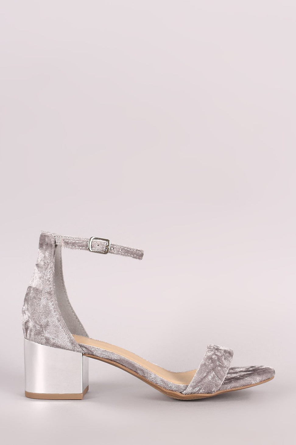 City Classified Crushed Velvet Ankle Strap Metallic Block Heel