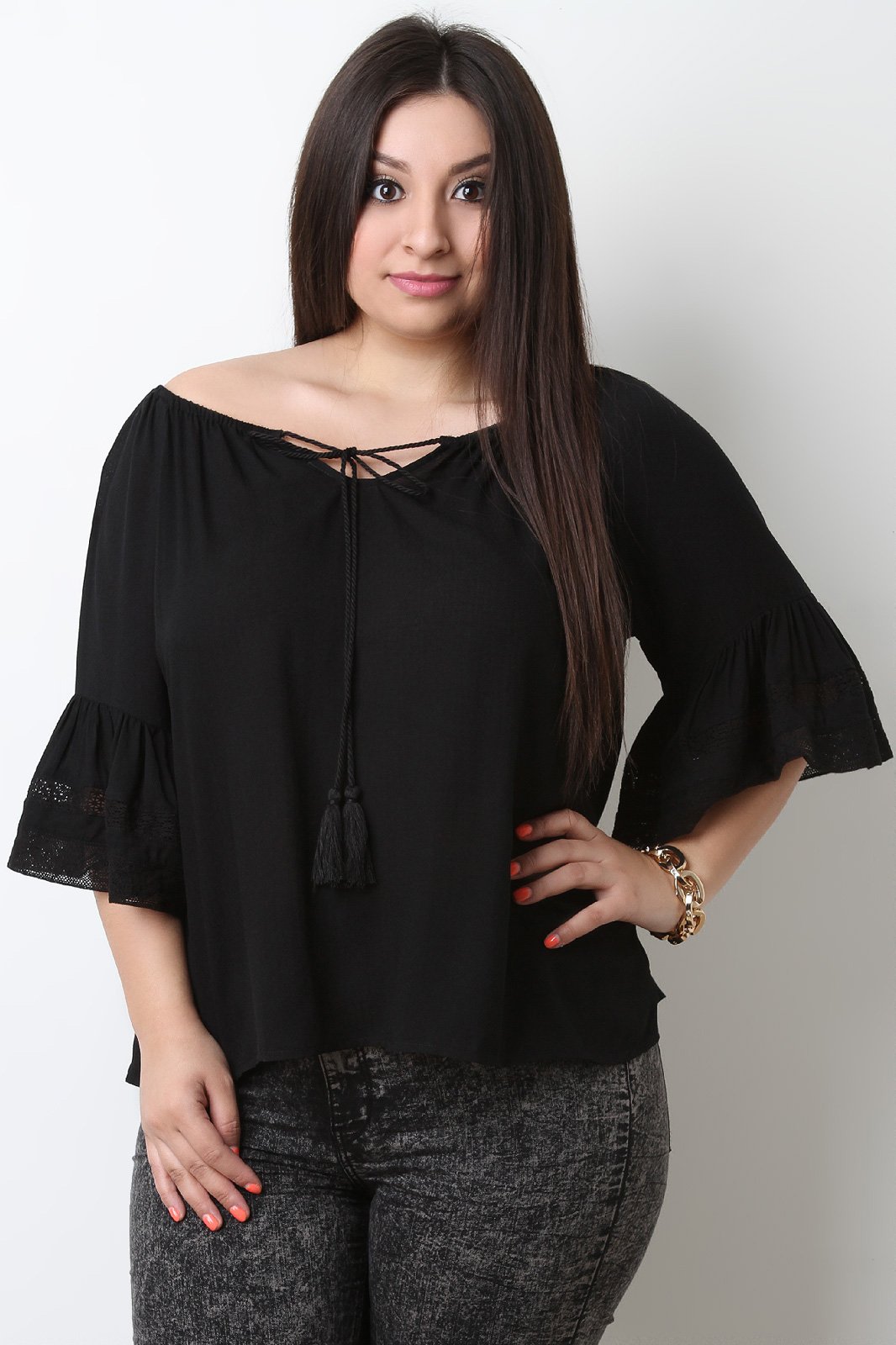 Textured Self-Tie Tassel Bell Sleeve Top