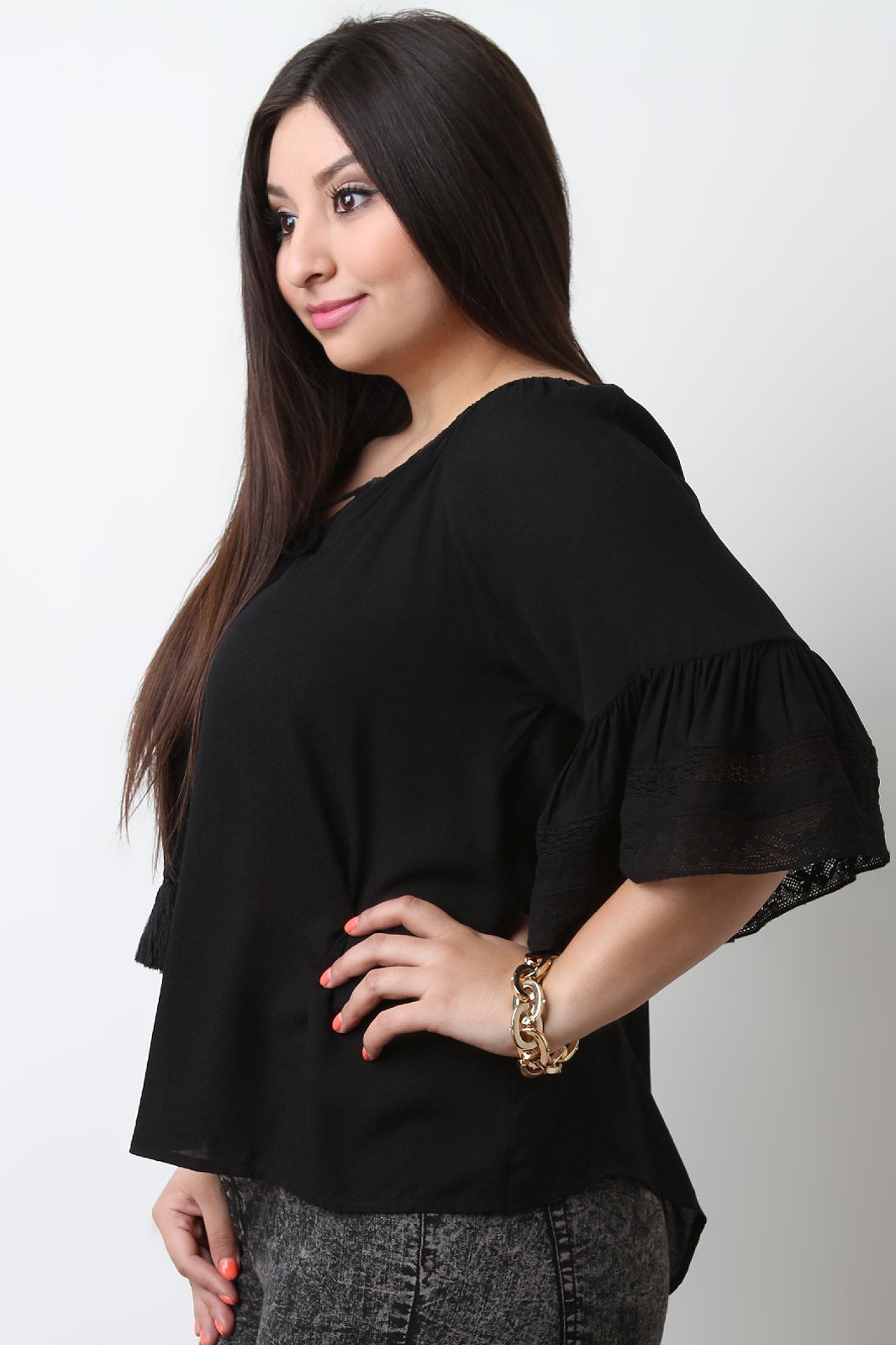 Textured Self-Tie Tassel Bell Sleeve Top