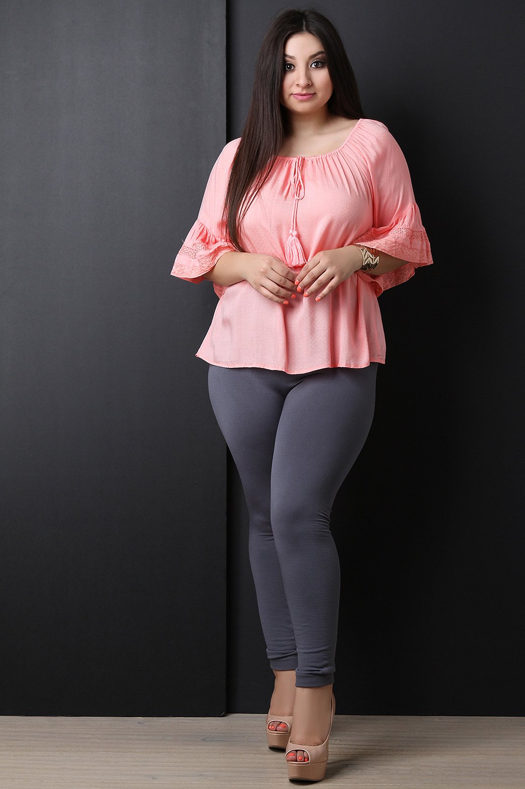 Textured Self-Tie Tassel Bell Sleeve Top