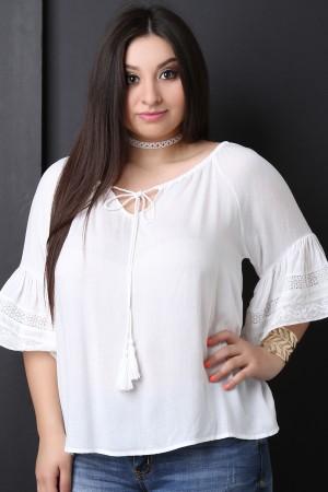 Textured Self-Tie Tassel Bell Sleeve Top